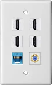 tunghey 4Port HDMI 1Port Coax 1Port Ethernet Wall Plate, RJ45 Cat6 Female to Female Jack Inline Coupler Plates Ethernet Cable Faceplates for Cat5 Cat5e Cat6 (1cat6 4hdmi 1f)
