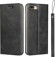 Cavor iPhone 7 Plus & 8 Plus Case - Folio Flip Leather Wallet with Stand, Card Holder, Magnetic Closure, Clear TPU Bumper, Slim Thin Cover, Wristlet Strap - Black