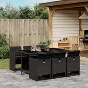 7 Piece Garden Dining Set with Cushions Black Poly Rattan - Outdoor Patio Furniture, Table & Chairs Set with Space-Saving Design, Tempered Glass Tabletop for Porch Bistro Garden Use