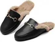 [Minorsu] Buckle Fur Mules for Women Slip on Loafers Closed Round Toe Backless Flat Mules Comfortable Slides Shoes
