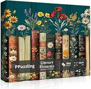 Vintage Wildflower Book Puzzle for Adults 1000 Pieces - Plant Floral Pages Jigsaw, Retro Bookshelf With Blossoming Wildflowers, Botanical Literary Theme for Book Lovers