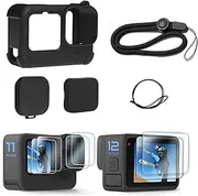 FitStill Silicone Rubber Case + 2Pack (6pcs) Tempered Glass Protector Compatible for Go Pro Hero 12/11/10/9 Black, Soft Rubber Sleeve Cage Housing with Lens Cover Cap Lanyard Accessories Bundle Kit