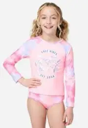 NWOT Justice Girls Tie-Dye Raglan Rash Guard Bikini Swim Set Size 12 14 (A)