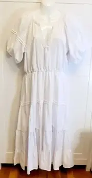 NWT Betsey Johnson Womens Maxi Dress LG White Cotton Flowy Boho Peasant Prairie