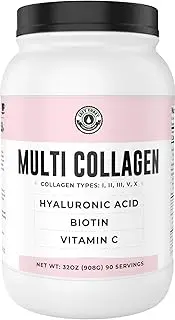 Multi Collagen Powder with Biotin, Hyaluronic Acid, Vitamin C (2lb Value Size) | Hydrolyzed Collagen Protein Supplement (Types I, II, III, V, X). Hair, Skin, Nails For Women, Men
