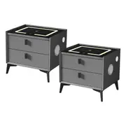 Oikiture Set of 2 Smart Bedside Tables Wireless Charging LED Nightstand Grey