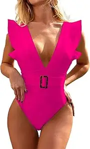 [Generic] Women's V-Neck One Piece Swimsuit Ruffled Ruffle Shoulder Tummy Control Bikini Padded Vintage Swimwear Bathing Suits