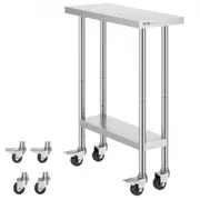 VEVOR Stainless Steel Work Table 30 x 12 x 38 Inch, with 4 Wheels, 3 Adjustable Height Levels, Heavy Duty Food Prep Worktable for Commercial Kitchen R