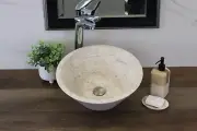 Travertine Stone 15.5 inch Round Vessel Bathroom Sink, Neutral Beige Limestone