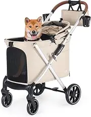 Beberoad X6 Luxury Pet Stroller Dog Pram for Medium Dogs with Organizer, 4 Wheel Foldable Dog Stroller Pet Pram Dog Pushchair with Pad and Two Cup Holder, One-Second Fold Design, Beige