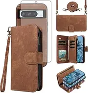 [Asuwish] Phone Case for Google Pixel 8 Pro 5G Zipper Wallet Detachable Magnetic Cover with Tempered Glass Screen Protector Crossbody Lanyard Card Holder Pixel8Pro Pixel8 XL Eight 8Pro Women Girls Brown