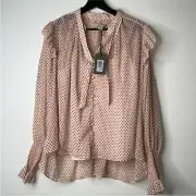 All Saints Womens Size 6 Lara Dot Print br Shirt Ruffle Blouse Button Front