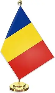 Romania Desk Small Flag Set,5×8 Inch Mini Romanians Desktop Banner,12" Metal Solid Pole Decor,Tiny Digital Printed Polyester Banner With Golden Base