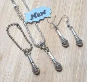 Microphone Necklace & Earrings + Charm Silver Jewelry Set For Music Singer NWT