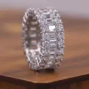 Emerald Cut Real Moissanite Three Row Full Eternity Wedding Band 14K White Gold