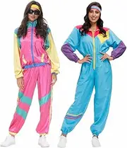 [COREWO] Womens 80s Tracksuit Retro Hip Hop Windbreaker Women Disco Tracksuit Sets Colorblock One Piece Outfits Set