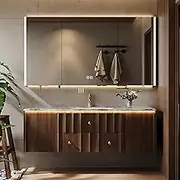 64 in ZGNBSD Bathroom Vanity with Sink – Modern Floating Solid Wood Bathroom Vanity Cabinet with Integrated Stone Sink, LED Defogging Mirror or Mirror Cabinet, Carved Drawers | Mirror Cabinet