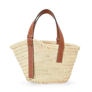 【LOEWE 羅威】Small Basket 小款 棕櫚葉拼小牛皮 托特包 編織包 草編包 原色/棕褐色