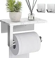 Hronta Toilet Paper Holder with Marble Shelf, SUS304 Stainless Steel Wall Mounted Toilet Paper Holder and 2 PCS Free Adhesive Hooks for Bathroom Washroom, Marble Top Toilet Paper Holder Brushed Nickel