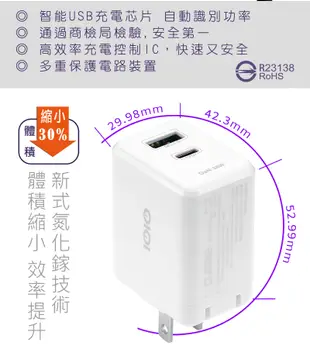 【Live168市集】38W IOIO 氮化鎵急速PD充電器 USB-A+TypeC 雙孔設計 (7.8折)