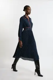 Georgette Pleated Piping Detail Woven Belted Maxi Dress