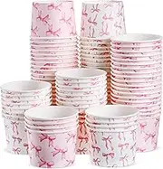 Jingmore 100 Pcs 8 oz Treat Snack Cups Bulk Ice Cream Bowl Cute Coquette Cups Party Favors Disposable Paper Bowls for Birthday Hot Iced Food Soups Sundae Snack Dessert Beverage (Pink Bow)