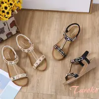 在飛比找momo購物網優惠-【Taroko】時尚麻花金屬T字水鑽坡跟涼鞋(2色可選)