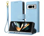 For Google Pixel Fold Leather Case with Wristlet, Flip case with Card Holder - Blue