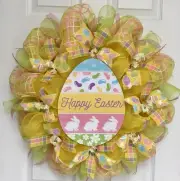 Yellow Plaid Easter Egg Deco Mesh Handmade Wreath