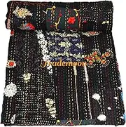 Patchwork Kantha Quilt, Cotton with Silk Vintage Kantha Gudri,Decorative Hand Stitch Bedspread, Throw Blanket Size (Single 60" x 90")