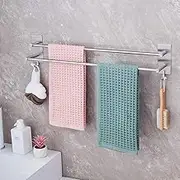 JS Towel Rail Self Adhesive 2-Tier Double Towel Holder rack Multi Towel Bar with 2 Hooks SUS304 Stainless Steel Robe & Bath Towel Rails 60CM/23.6inch for Bathroom Organizer Storage