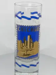 Vintage Tall Chicago Blue And Gold Shot Glass w/ embossed raised pattern clouds