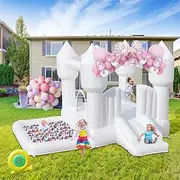 FINCOME Inflatable Bounce House for Kids, White Bounce House with Slide, Jumping Bouncy Castle for Kids Birthday Party, Wedding, Backyard Indoor/Outdoor (with Blower)