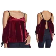Romeo & Juliet Couture Burgundy Velvet Cold Shoulder Open Back Tie Top Small