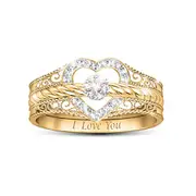 "I Love You" 18K-Gold Plated Diamond Stacking Ring Set