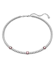 Swarovski Matrix Clear & Pink Crystal Tennis Necklace in Rhodium Plated, 14.96-17.72