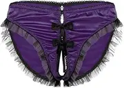 [WANFJ] Sexy Nightwear Men Lingerie Panties Silky Satin Mesh Ruffles Trim Bow Open Crotch Crotchless Crotchless Low Waist Thong Briefs Sissy Underwear