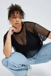 Black Mesh Top Cropped Short Sleeve