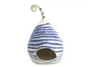 Handmade Felted Cat Cave - White Cave With Blue Stripes - Pet House - Cat House