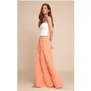 Peach Cotton Tiered Drawstring Waist Maxi Skirt, Peach