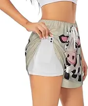 [WURTON] Cute White Cow Print Exercise Gym Workout Shorts Women's Athletic Shorts Dual-Layered Yoga Running Shorts