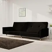 2-Seater Sofa Bed, Black Velvet Convertible Sleeper Couch with Two Pillows, Ideal for Small Living Room Spaces