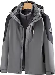 [UFROGE] Outdoor Windproof Men's Ski Jacket, Winter Breathable Removable Plush Inner 2 Piece Snowboard Hooded Jacket, for Mountain Waterproof Soft Shell Snow Coat (Color : Colour3, Size : Large)
