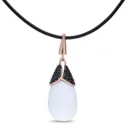Amour Rose Plates Silver Synthetic White Agate & Black CZ Pendant Leather Cord