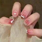 Peach Heart Blush False Nail Short Square Press on Nails for Nail Art 24pcs