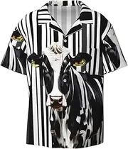 [YANYU] Black White Milk Cow Print Hawaiian Shirts Men Short Sleeve Button Down Cuban Collar Shirt Summer Beach Days