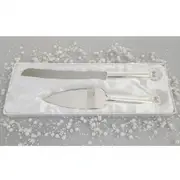 Set 2 Silver Cake Server & Knife with Sparkling Crystal Diamante Heart Handles