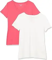 [Amazon Essentials] Women's Classic-Fit Short-Sleeve V-Neck T-Shirt, Pack of 2, Bright Pink/White, X-Small