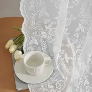 FINECITY Short Lace Curtains 36 Inch Length for Small Window, Rustic Leaf Floral Design White Lace Cafe Curtains 2 Panels, Rod Pocket Privacy Sheer Lace Curtains, 42 x 36 Inch, 1 Pair, White