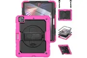 WASSUP iPad Pro 12.9 inch 6th/5th/4th/3rd Gen Case with Screen Protector Hand Strap Stand & Shoulder Strap-RoseRed&Black